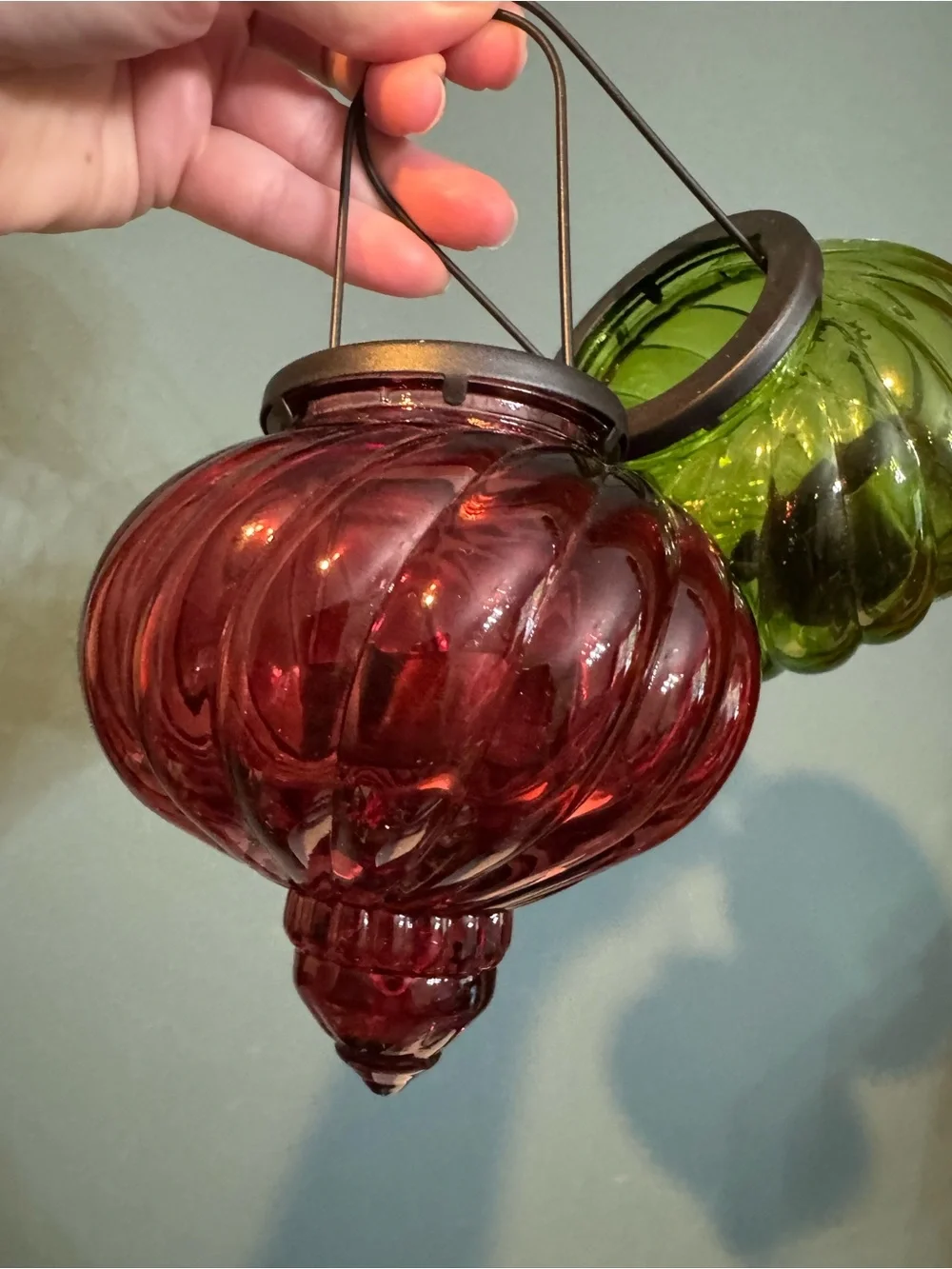 Pier 1 Glass Hanging Tea light Lantern Set - Green and Deep Red